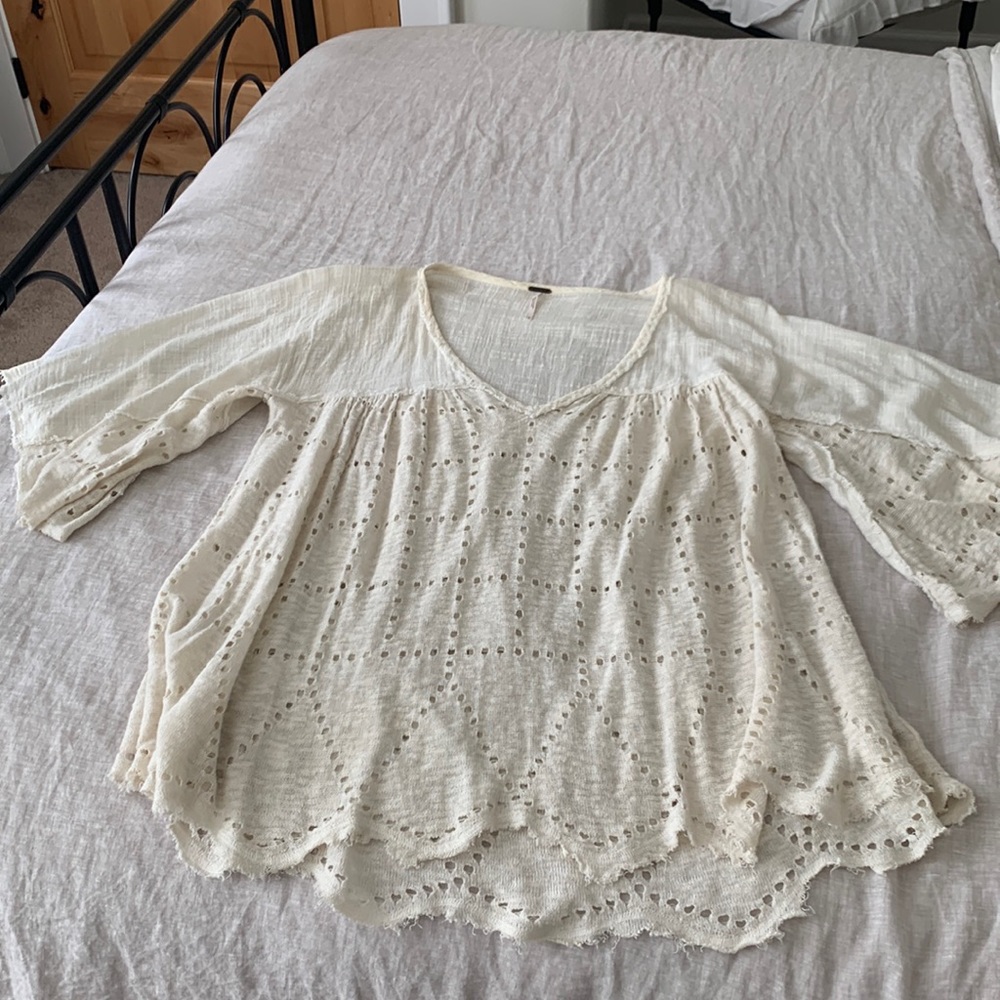 Free People summer lovin’ linen blend distressed blouse babydoll tunic top Large